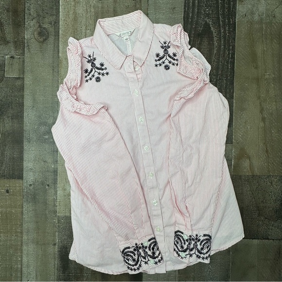 Nanette Lepore Flamingo Dream Pink Ruffled Cold Shoulser Button Down Shirt Small - Picture 2 of 11